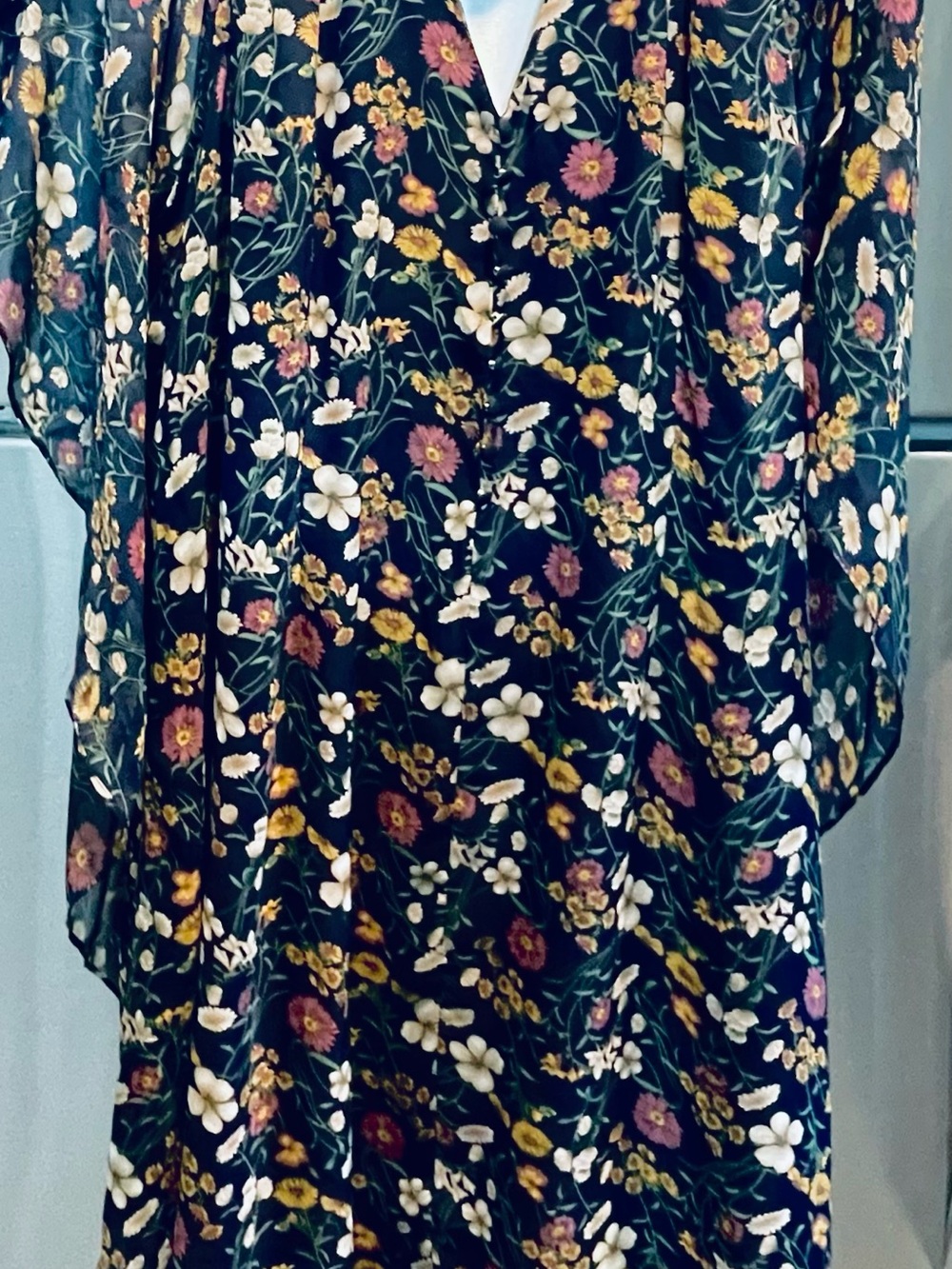 Modcloth Black Floral Keyhole Blouse with Pink and Yellow Blooms. Sleeveless - Picture 7 of 13